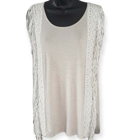 T Shirt Beige Fringe Lace Size L - Picture 1 of 6